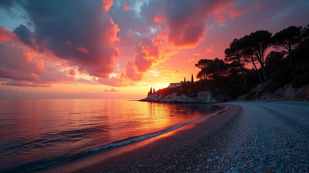 Sonnenuntergang an der Cavtat Riviera in Kroatien mit feurigem Himmel ueber der Adria und Zypressen-Silhouetten
