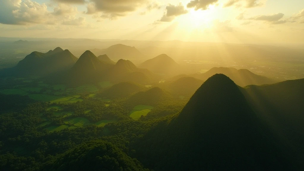 Dramatische Luftaufnahme der Chocolate Hills von Bohol von Cebu aus gesehen zur goldenen Stunde