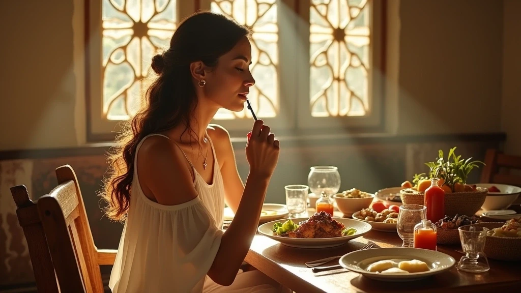 Elegante Frau im fliessenden Kleid geniesst Lechon-Mahlzeit im traditionellen Haus in Cebu