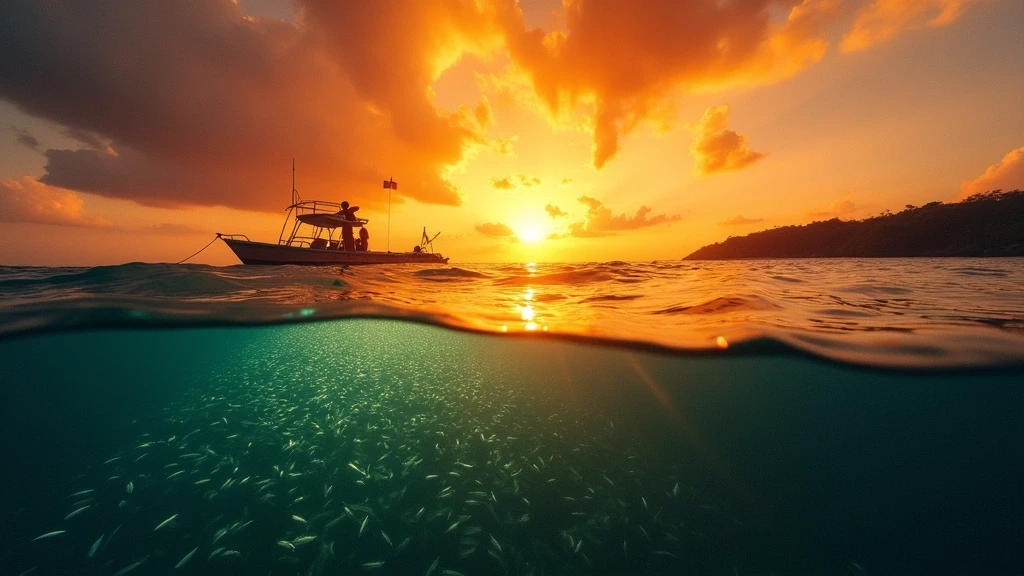 Dramatischer Sonnenuntergang ueber dem Sardinenschwarm in Moalboal, Cebu mit Tauchersilhouette