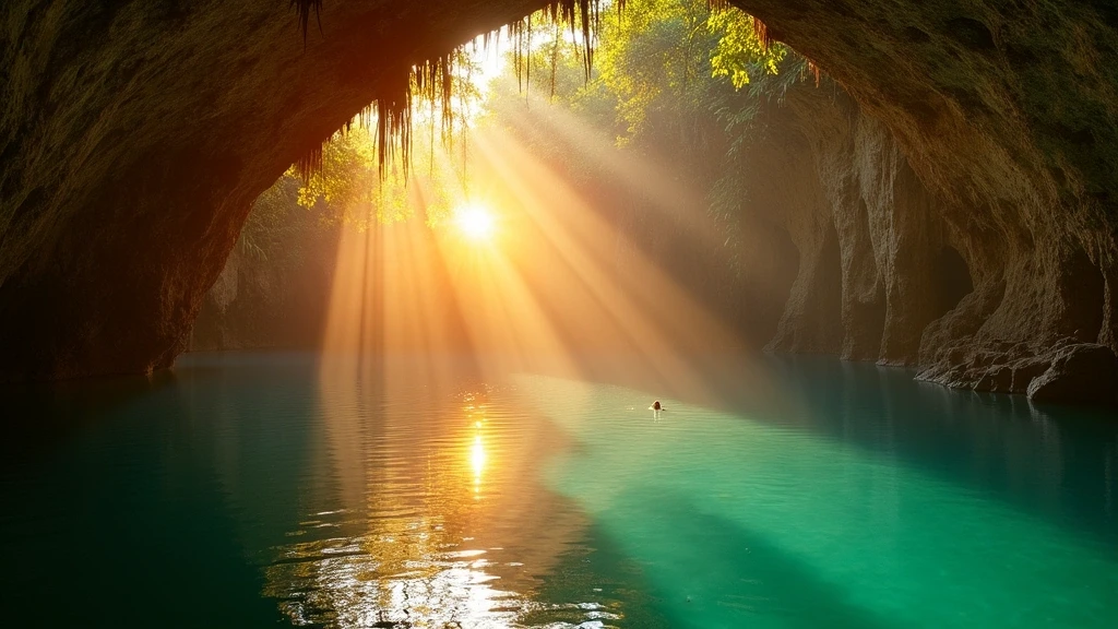 Sonnenuntergang ueber einem alten Cenote auf der Yucatán-Halbinsel mit Lichtstrahlen im tuerkisfarbenen Wasser