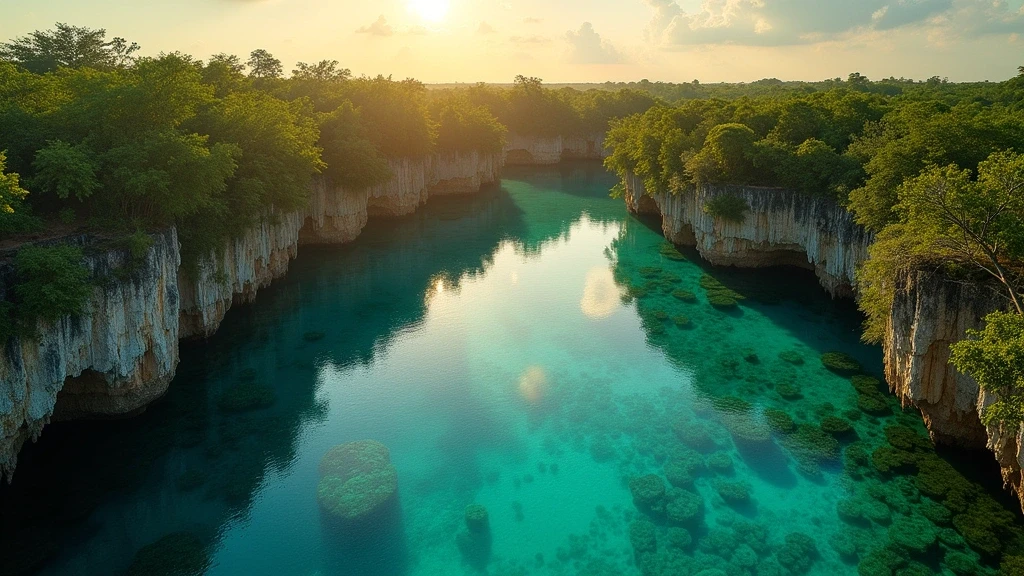 Luftaufnahme der Cenoten auf der Yucatán-Halbinsel mit unterirdischen Flüssen und tuerkisfarbenem Wasser zur goldenen Stunde