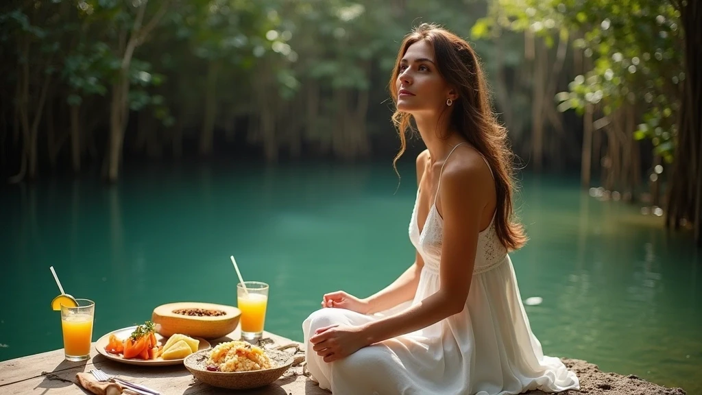 Elegante Frau geniesst traditionelles Yucatecan-Fruehstueck am Rand eines Cenote auf der Yucatán-Halbinsel