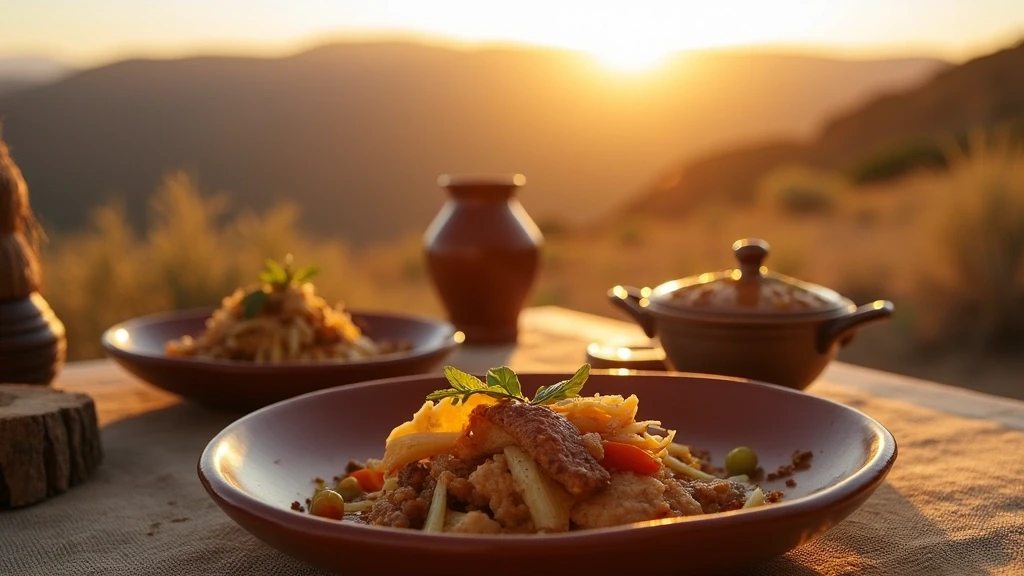 Traditionelle chilenische Küche auf handgemachter Keramik in Cerro Toco Wüstenlandschaft