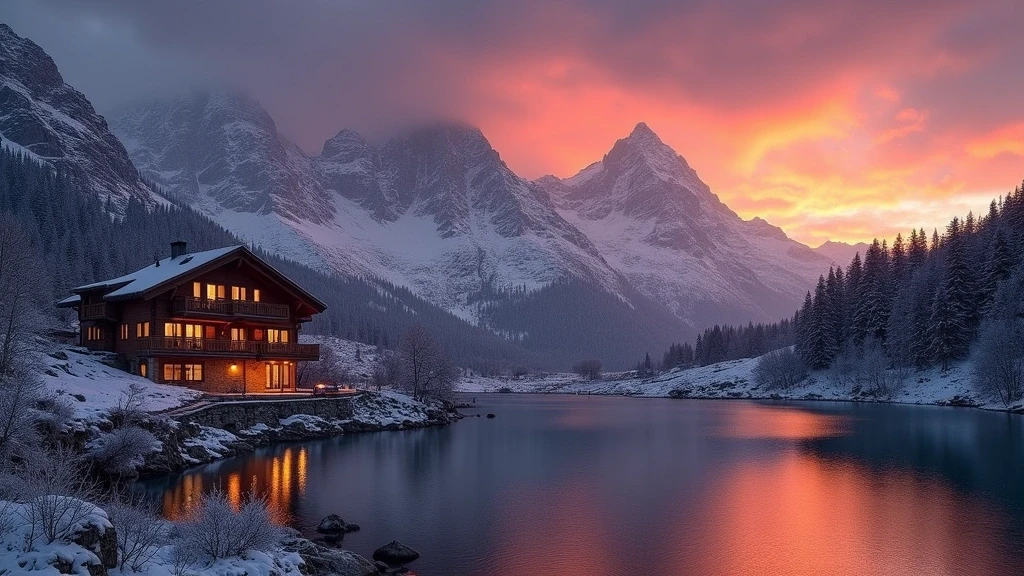Sonnenuntergang ueber den Alpen am Chalet de la Source in Frankreich