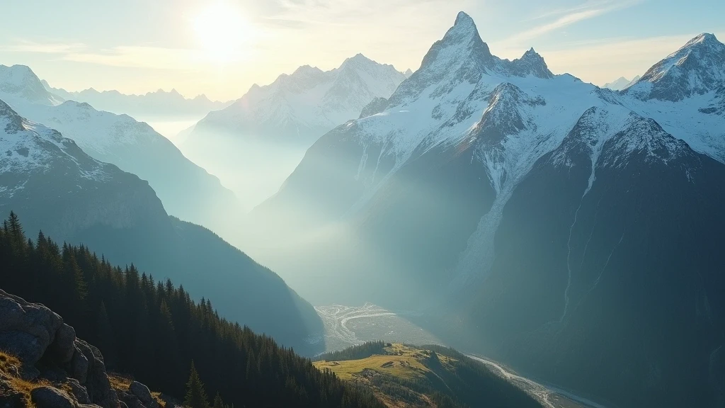 Luftaufnahme des Mont Blanc Massivs in Chamonix zur goldenen Stunde mit dramatischen Gletschertälern