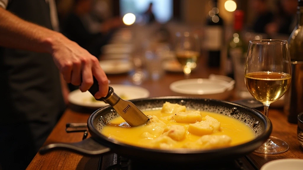 Traditionelle Raclette-Zubereitung in Chamonix auf rustikalem Holztisch mit Wein