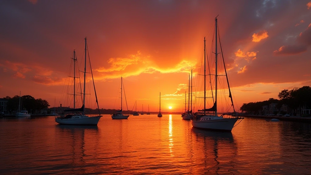 Sonnenuntergang am Charleston Hafen mit Segelboot-Silhouetten und farbigem Himmel
