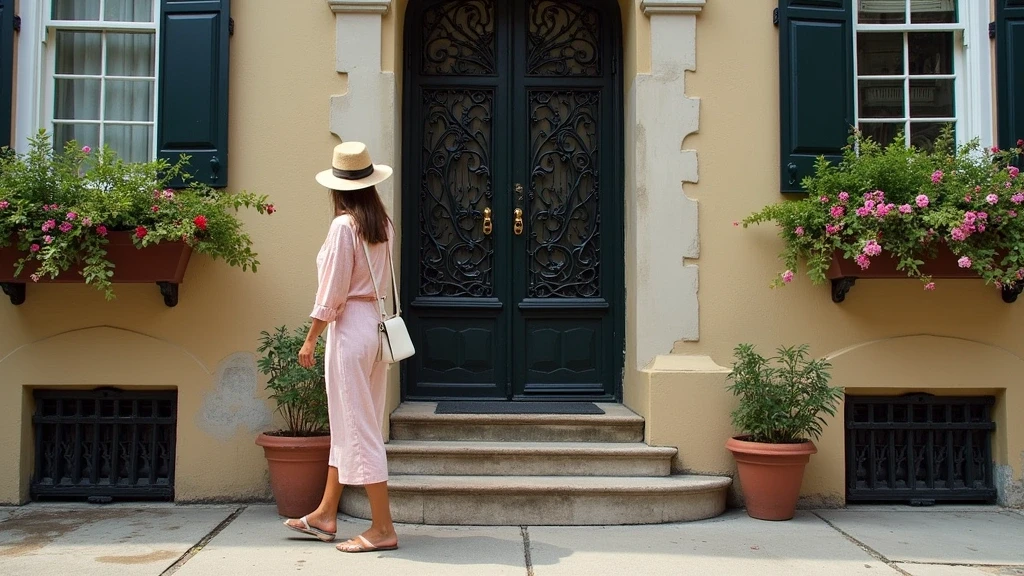 Stylish Reisende bewundert historische Architekturdetails und Blumenkaesten in Charleston