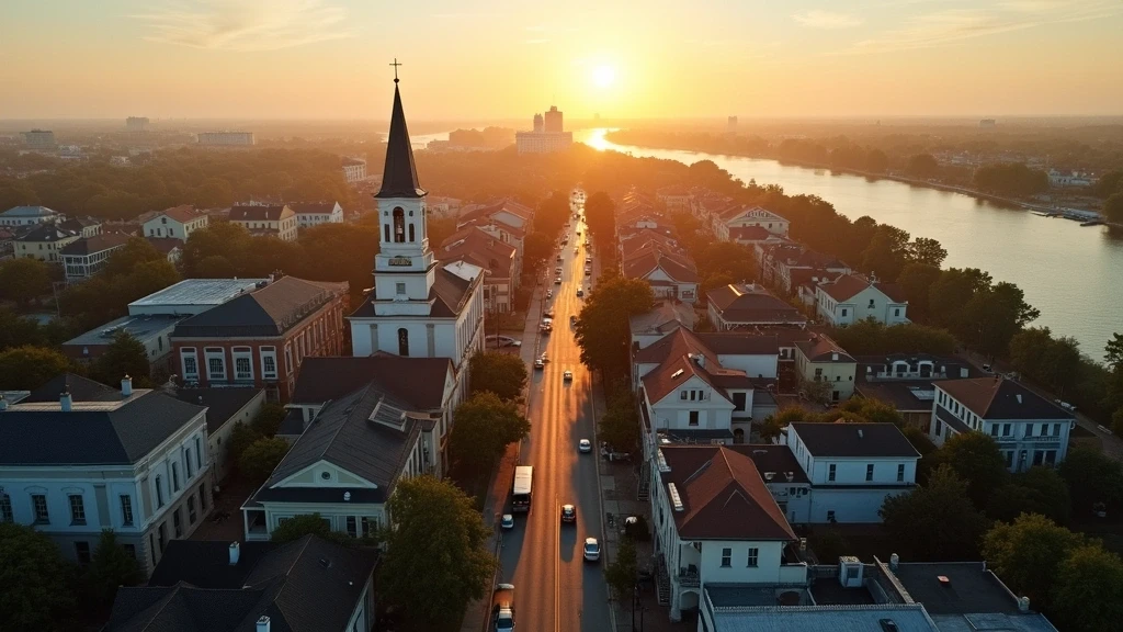 Luftaufnahme des historischen Viertels von Charleston mit Architektur und Fluss zur goldenen Stunde