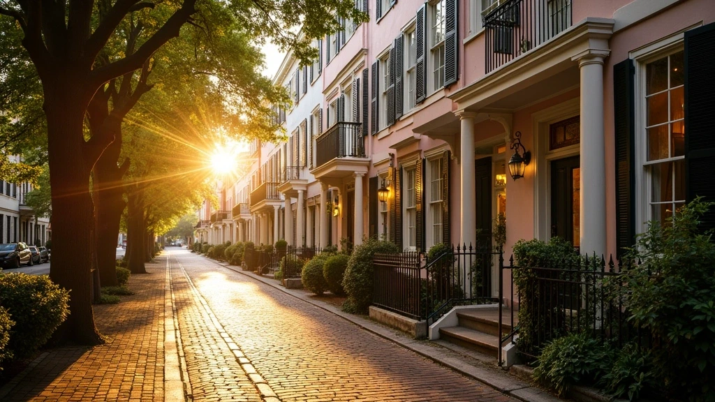 Goldene Stunde Beleuchtung der bunten historischen Haeuser an der Rainbow Row in Charleston