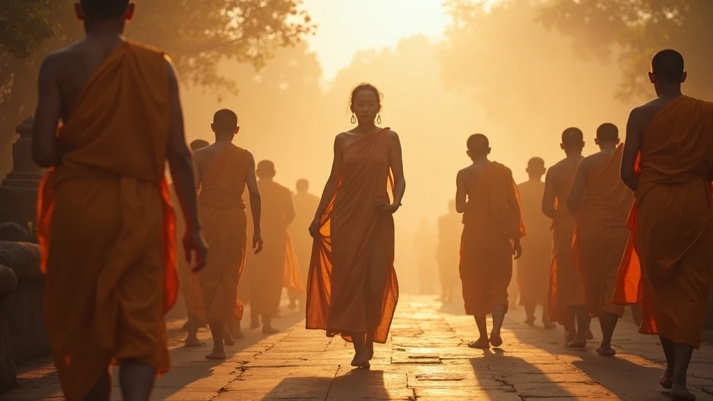 Elegante Frau bei traditioneller Almosenzeremonie mit Moenchen in Chiang Mai Tempel