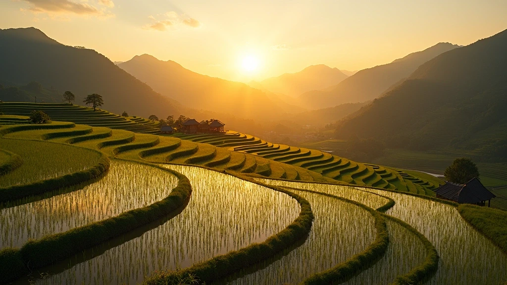Goldene Stunde ueber den terrassierten Reisfeldern im Mae Rim Tal bei Chiang Mai