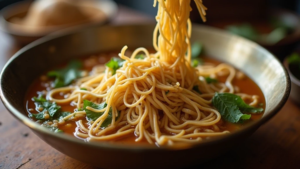 Detailaufnahme von traditioneller Khao Soi Nudelsuppe in Chiang Mai mit Gewuerzen