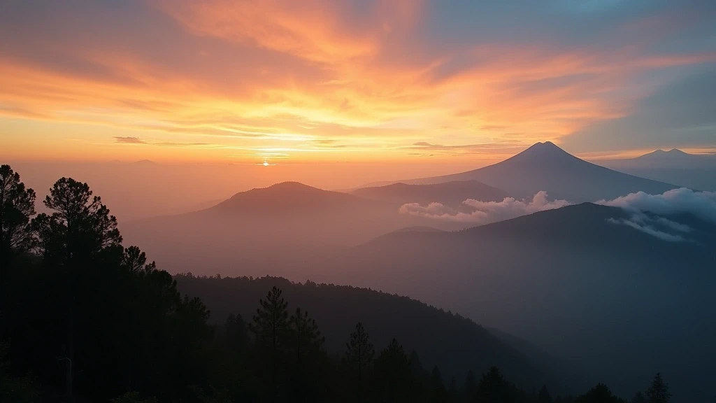 Sonnenuntergang ueber den Doi Inthanon Bergen in Chiang Mai mit mystischem Nebel