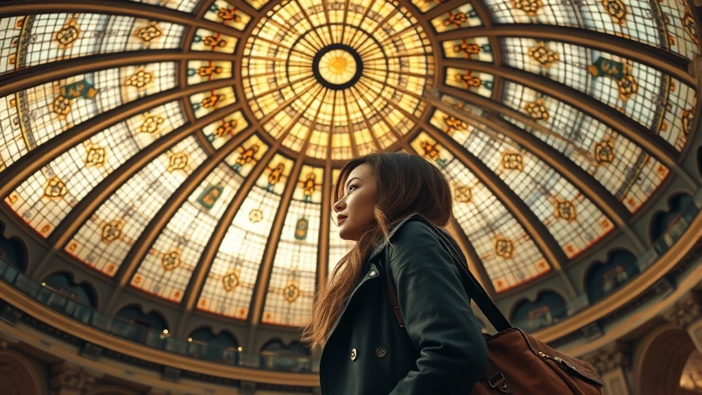 Stylische Reisende bewundert Tiffany-Glasdom im Chicago Cultural Center zur goldenen Stunde