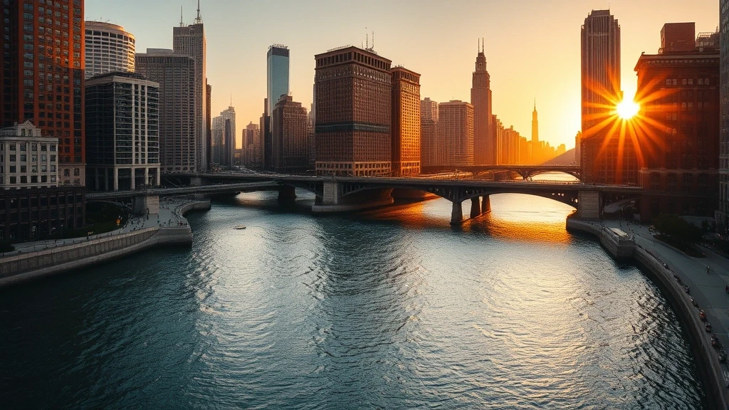 Goldene Stunde am Chicago River mit historischen Bruecken und Architektur-Reflexionen