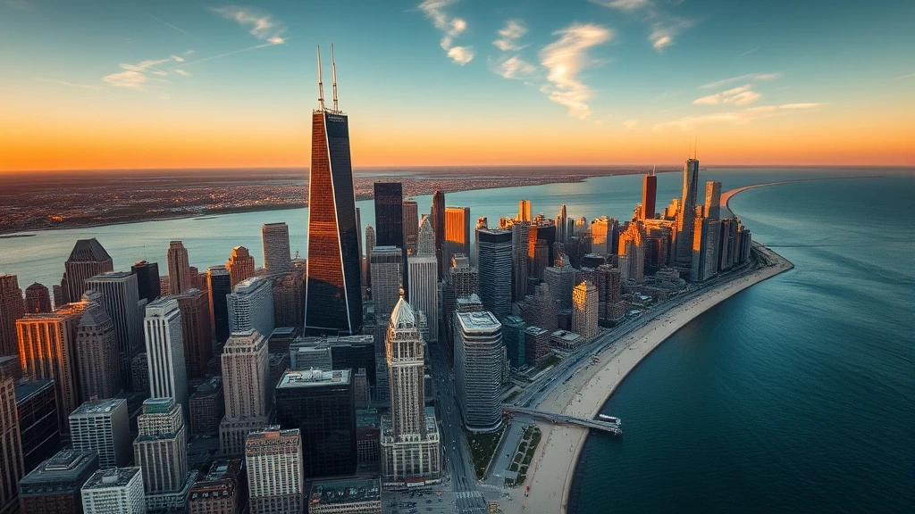 Luftaufnahme des Chicago-Skyline am Lake Michigan zur goldenen Stunde mit ikonischen Wolkenkratzern