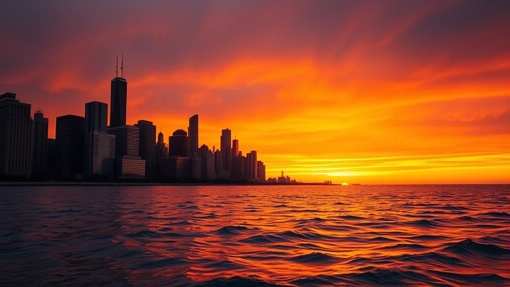 Sonnenuntergang ueber dem Lake Michigan mit Chicago-Skyline-Silhouette und goldenem Himmel