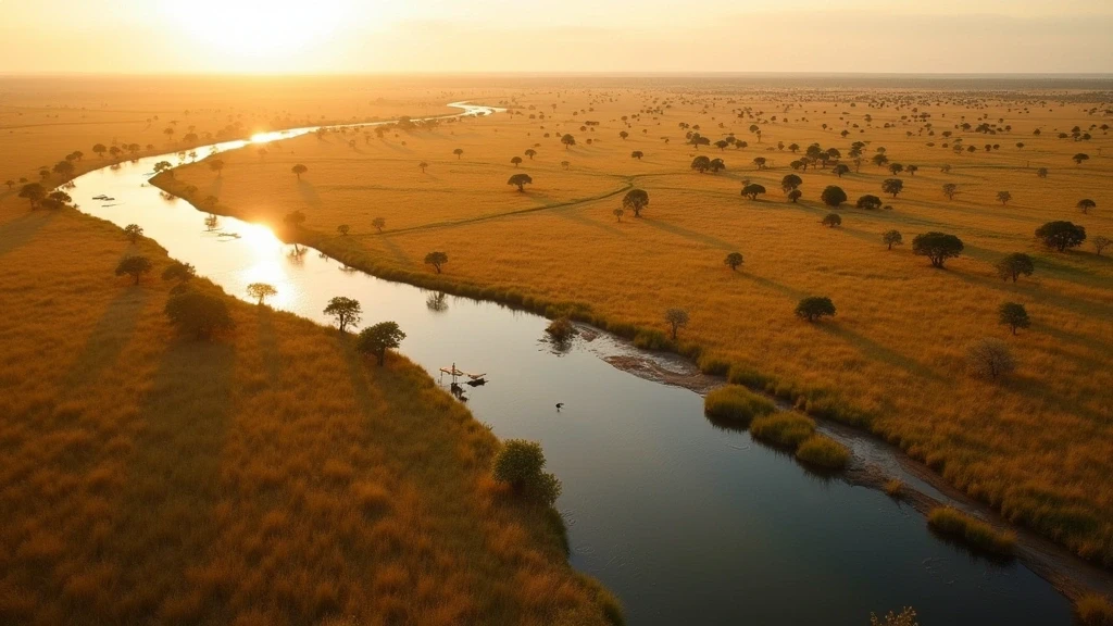 Luftaufnahme des Okavango Deltas bei Chief's Camp, Botswana zur goldenen Stunde mit Wasserwegen und Wildtieren