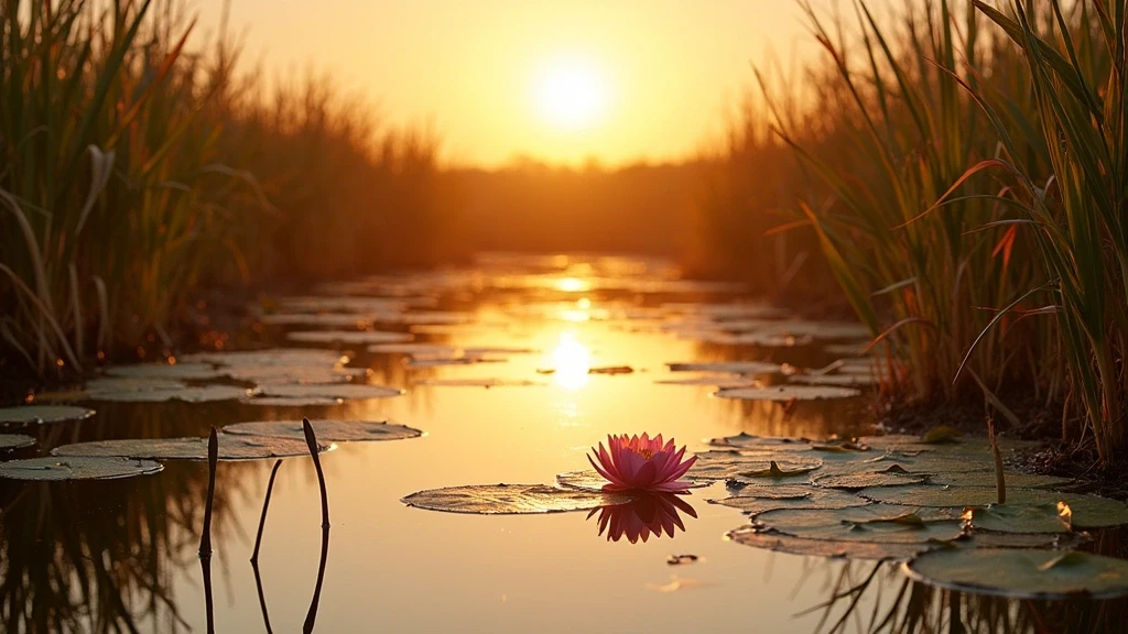 Goldene Stunde an einer versteckten Lagune im Okavango Delta bei Chief's Camp, Botswana mit Seerosen