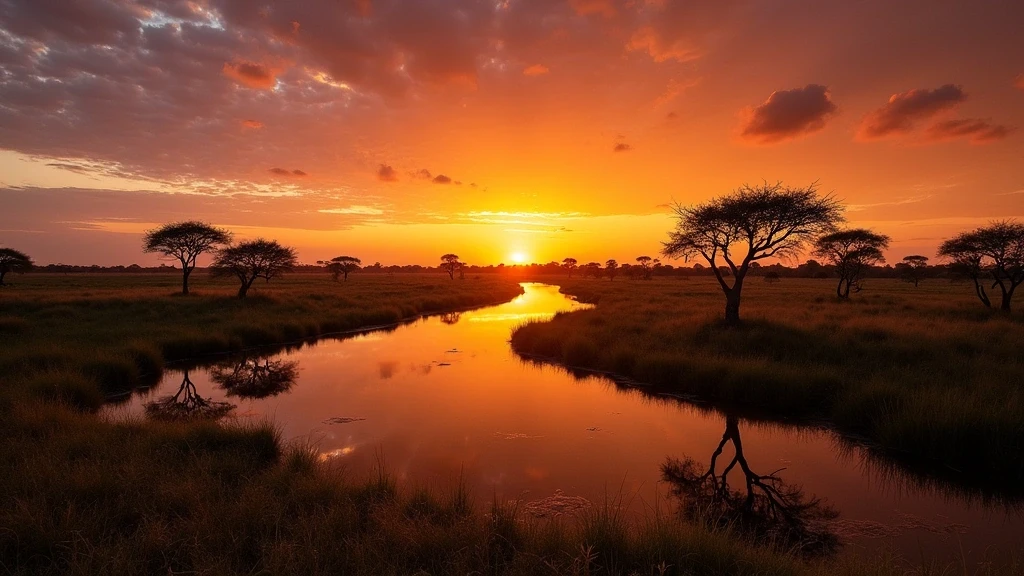 Panoramablick auf das Okavango Delta bei Chief's Camp, Botswana bei Sonnenuntergang mit goldenem Licht