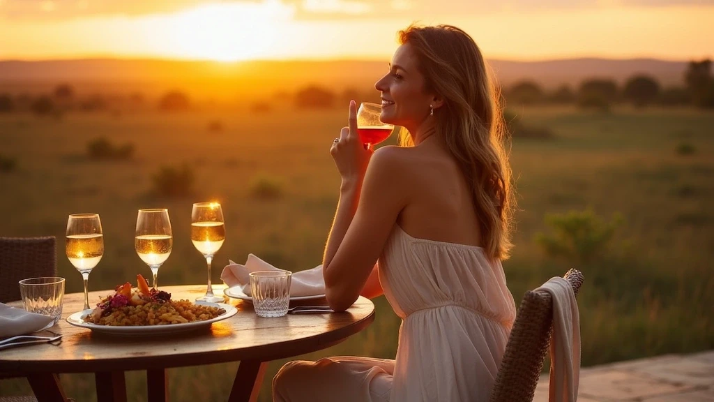 Elegante Frau geniesst Sonnenuntergangs-Cocktails auf der Terrasse von Chief's Camp, Botswana mit Blick aufs Delta