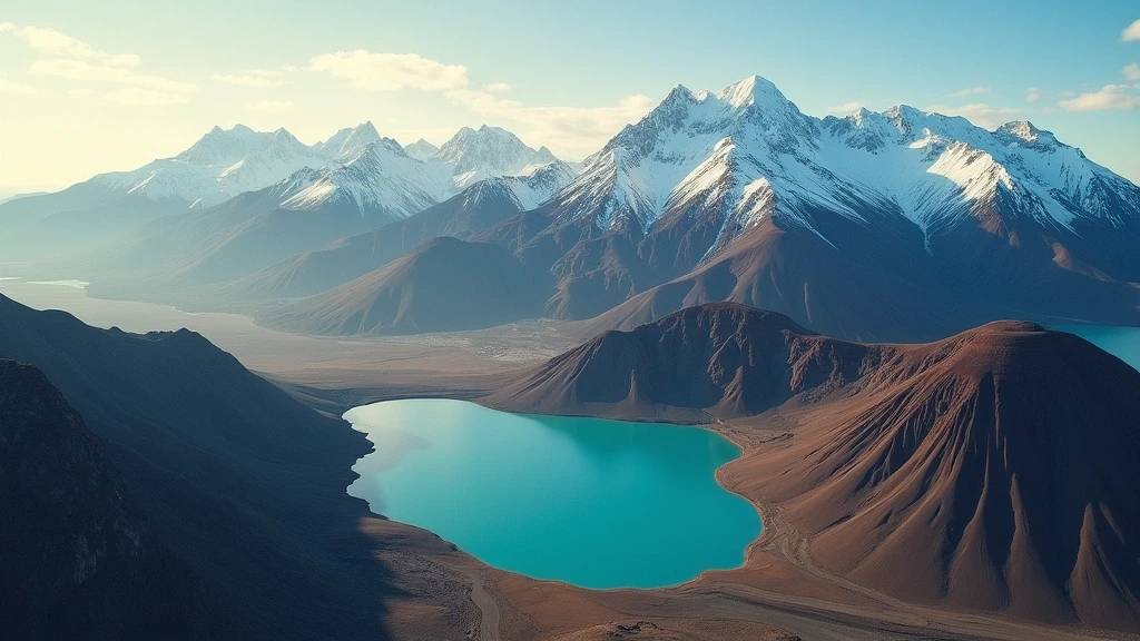Luftaufnahme der schneebedeckten Andengipfel und tuerkisfarbenen Gletscherseen in Chile zur goldenen Stunde