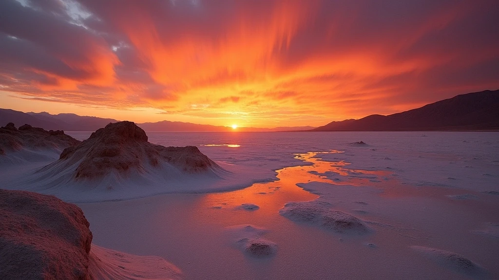 Sonnenuntergang ueber der Atacama-Wueste mit Salzseen und Felsformationen in Chile