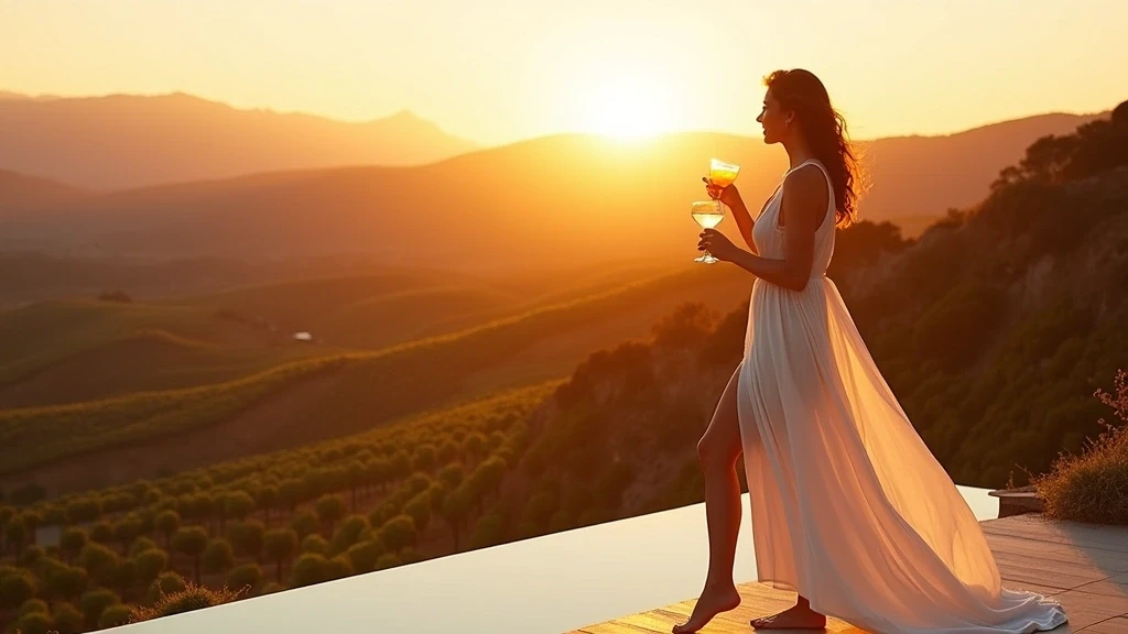 Elegante Frau geniesst Pisco Sour bei Sonnenuntergang auf Weingut-Terrasse in Chile