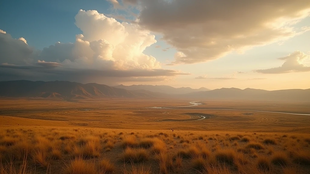 Panoramablick ueber das Darhad-Tal mit Steppen und Bergen zur goldenen Stunde in der Mongolei
