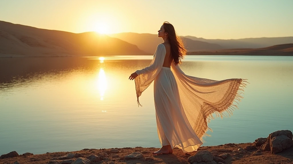 Elegante Frau in weissem Kleid am Ufer des Khövsgöl-Sees bei Sonnenuntergang in der Mongolei