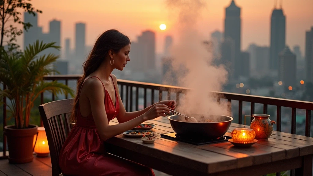 Elegante Frau geniesst Chongqing-Hotpot auf Terrasse mit Skyline-Blick