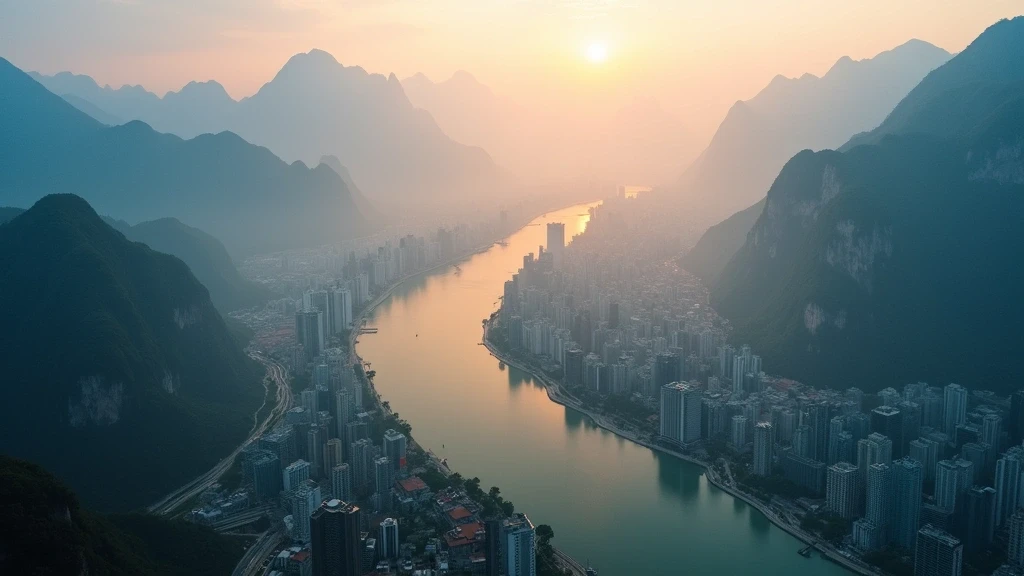 Dramatische Luftaufnahme des Zusammenflusses von Yangtze und Jialing in Chongqing zur goldenen Stunde
