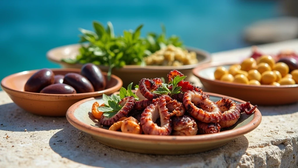 Authentische griechische Meze auf einem Stein-Tisch in Chora, Santorin