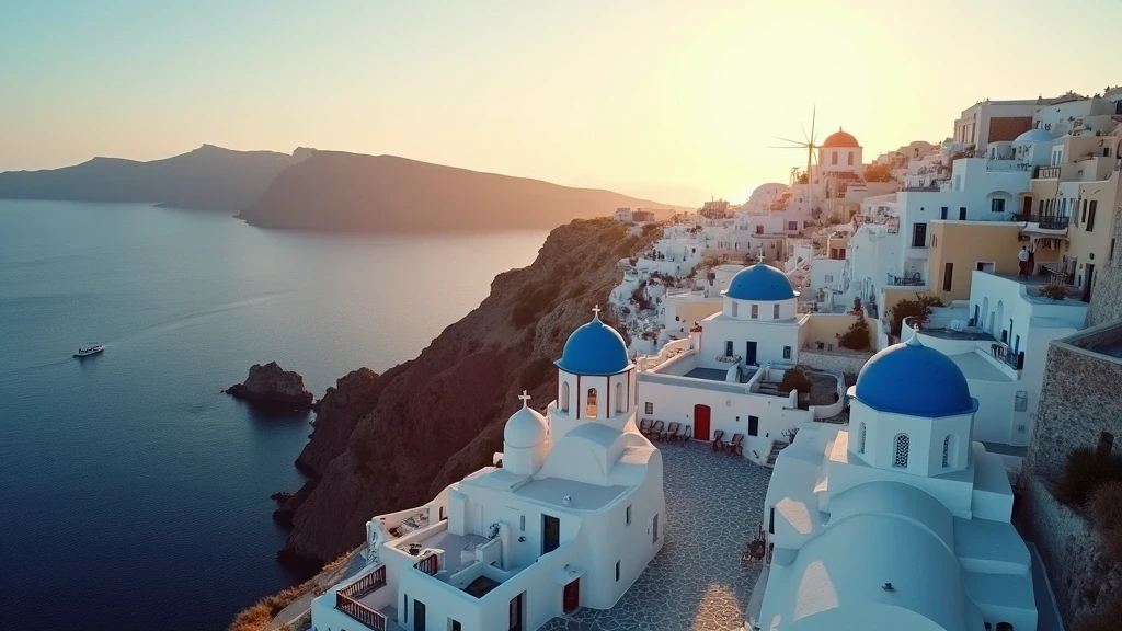 Luftaufnahme der weißen Kykladen-Architektur von Chora auf Santorin zur goldenen Stunde