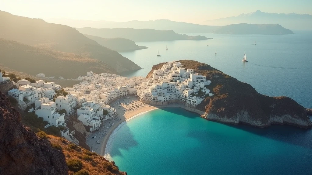 Panoramablick auf das weiße Dorf Chora auf Santorin von einer Klippe aus