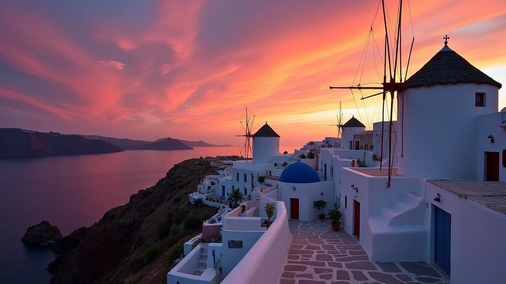 Sonnenuntergang über der Caldera von Santorin mit Blick auf Chora