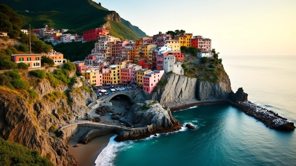 Luftaufnahme der bunten Klippendoerfer von Cinque Terre zur goldenen Stunde in Italien