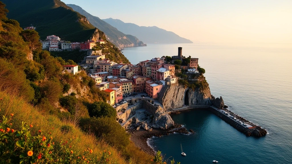 Panoramablick auf die gesamte Kueste von Cinque Terre zur goldenen Stunde in Italien