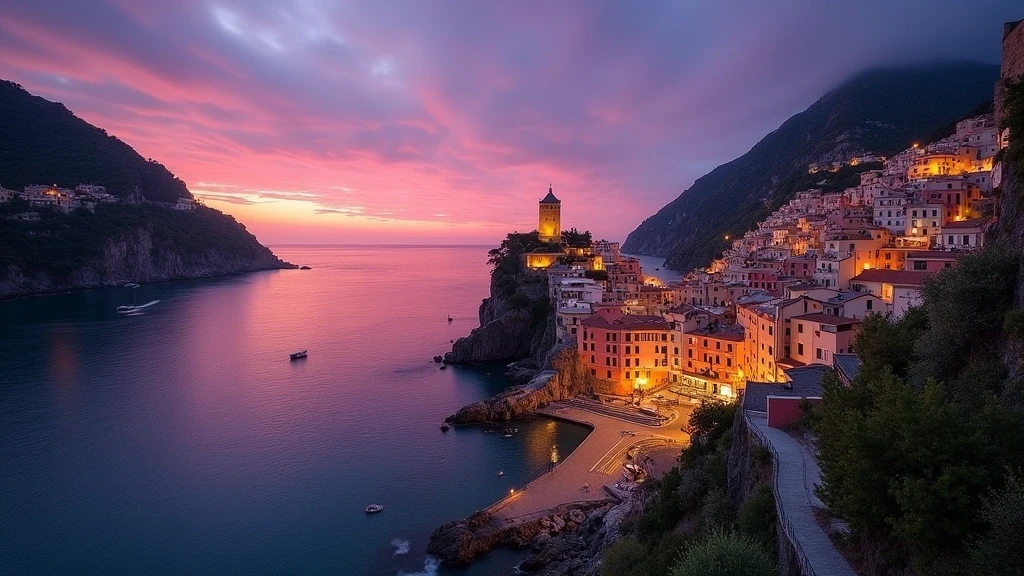Sonnenuntergang ueber Vernazza vom Sentiero Azzurro Wanderweg in Cinque Terre, Italien