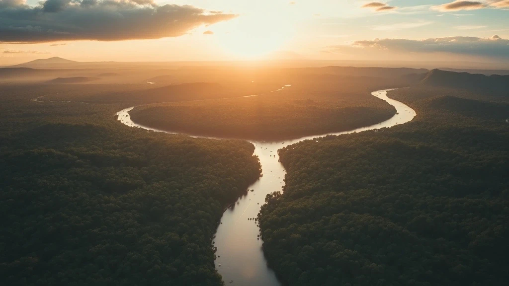Luftaufnahme der Zusammenflüsse von Coca- und Napo-Fluss im Amazonas-Regenwald von Ecuador zur goldenen Stunde