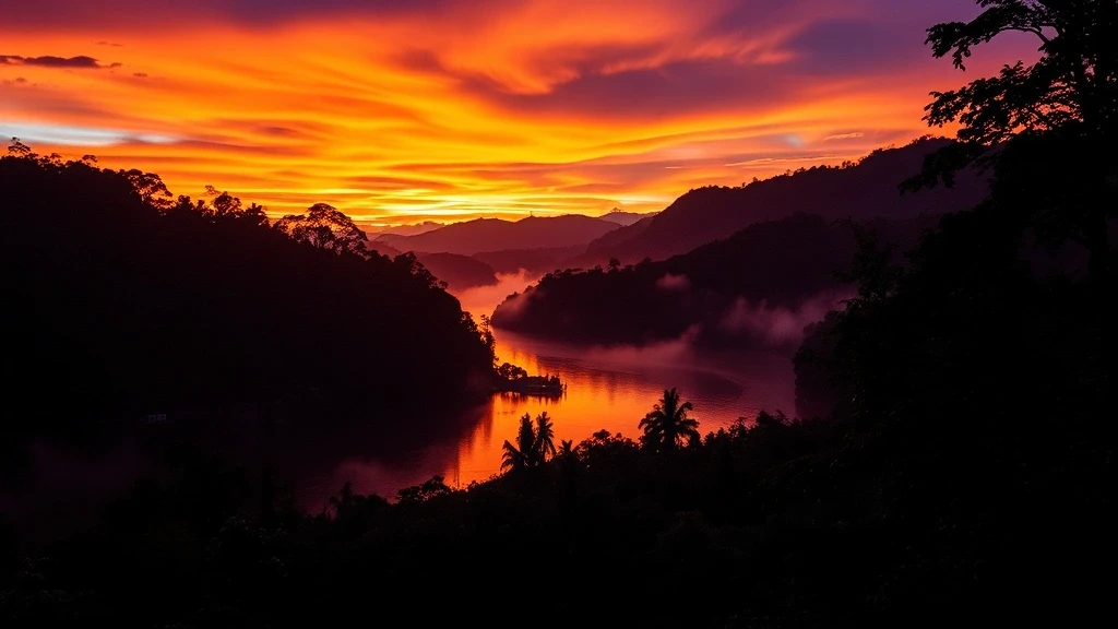 Dramatischer Sonnenuntergang über dem Coca-Fluss im Amazonas-Regenwald von Ecuador