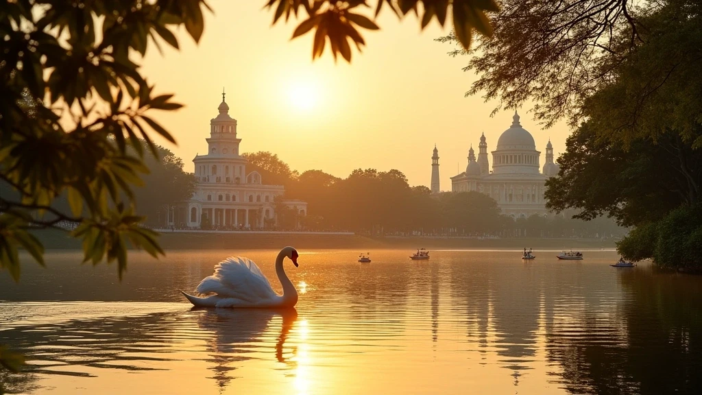 Goldene Stunde am Beira See in Colombo, Sri Lanka mit Spiegelungen und Schwanenbooten