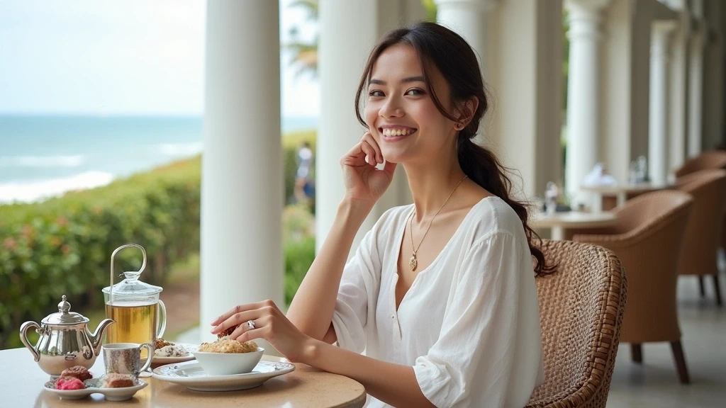 Elegante Frau geniesst High Tea im Galle Face Hotel in Colombo, Sri Lanka