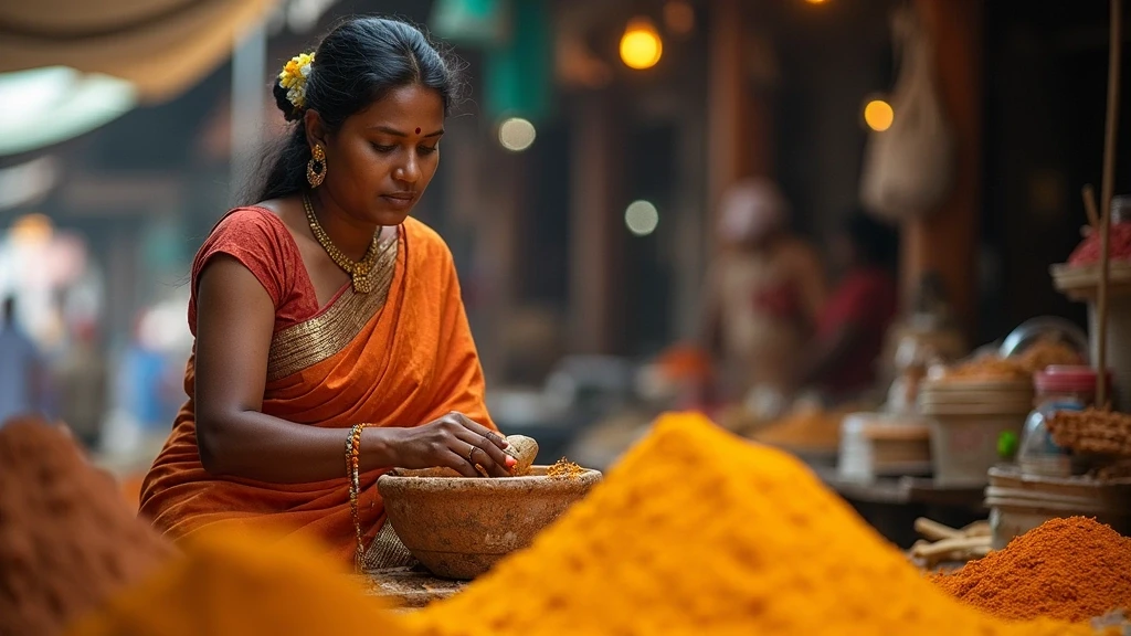 Lokale Frau demonstriert Gewuerzmahlen auf dem Pettah Markt in Colombo, Sri Lanka