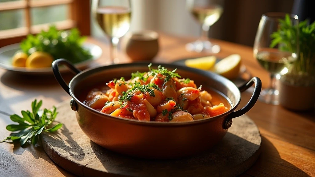 Traditionelle Cataplana-Meeresfruechte in Comporta serviert