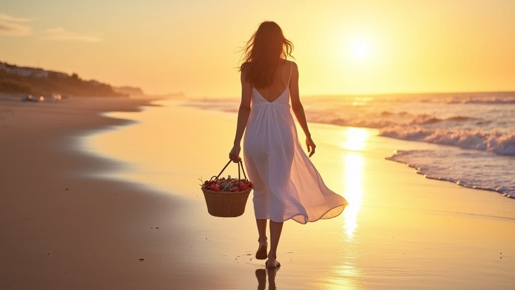 Elegante Frau am Strand von Comporta bei Sonnenuntergang