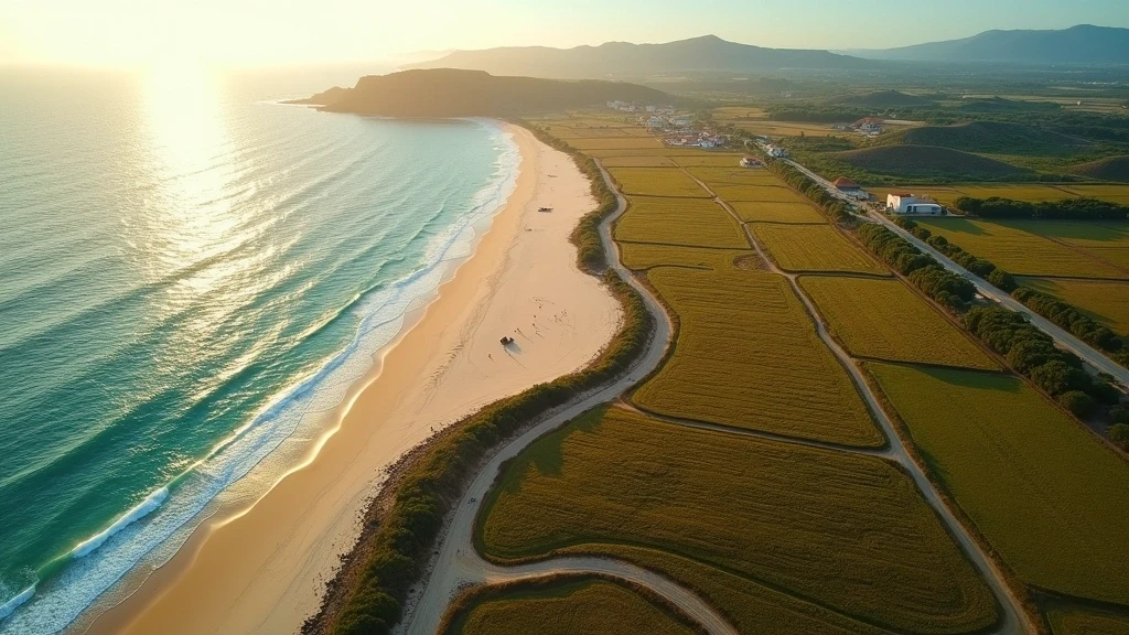 Luftaufnahme von Reisfeldern und Sandduenen in Comporta zur goldenen Stunde