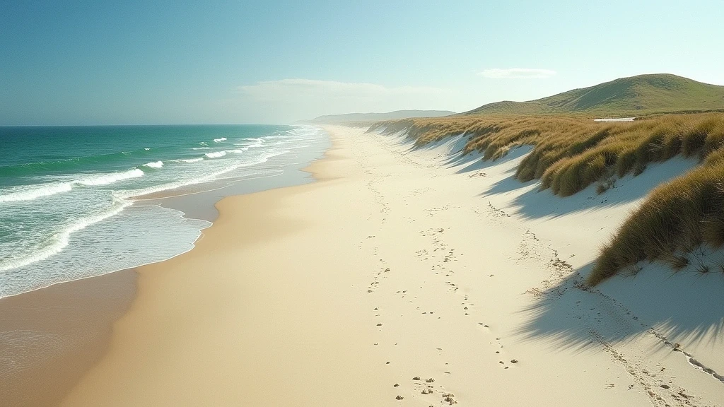 Weisser Sandstrand und Sandduenen in Comporta am Morgen